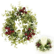 Small Artificial Candle Ring Wreaths, Mini Christmas Candle Holder Rings with Green Leaves & Red Berries, Tabletop Centerpieces for Holiday, Wedding & Home Decoration