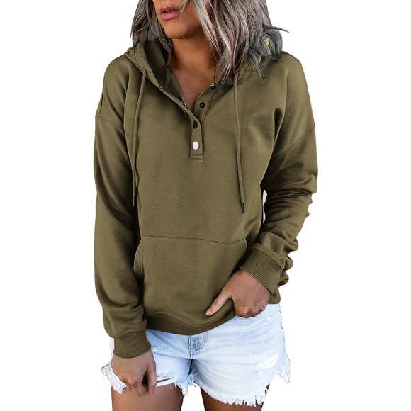 DondPO Womens Hoodies Womens Pocket Hooded Sweatshirts Pullover Sleeve Button V Drawstring Hoodies Neck Hoodies Sweatshirts Preppy Hoodies Cute Tops for Women