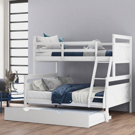 Full Over Full Bunk Bed with Trundle  Convertible to 2 Full Size Platform Bed  Full Size Bunk Bed with Ladder and Safety Rails for Kids  Teens  Adults  White