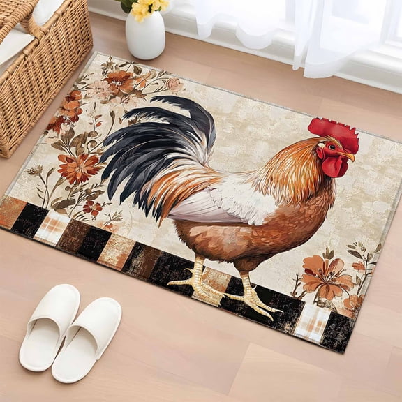Vintage Rooster Bathroom Rug Washable 2x3 Entryway Rug Non Slip Spring Flower Elegant Animals Front Door Mat Low Pile Indoor Doormat Throw Floor Carpet for Kitchen Bedroom Entrance