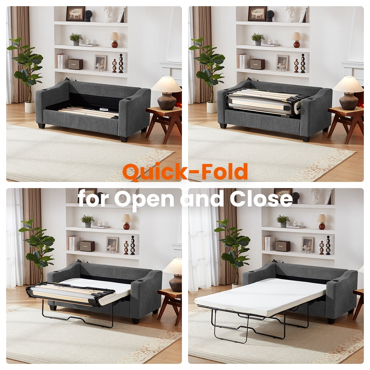 CHIC HOUSE Full Corduroy Pull Out Sofa Bed, Sleeper Sofa with Memory Foam Mattress & USB Charging, Convertible Loveseat Couch for Living Room, Small Spaces, Deep Gray