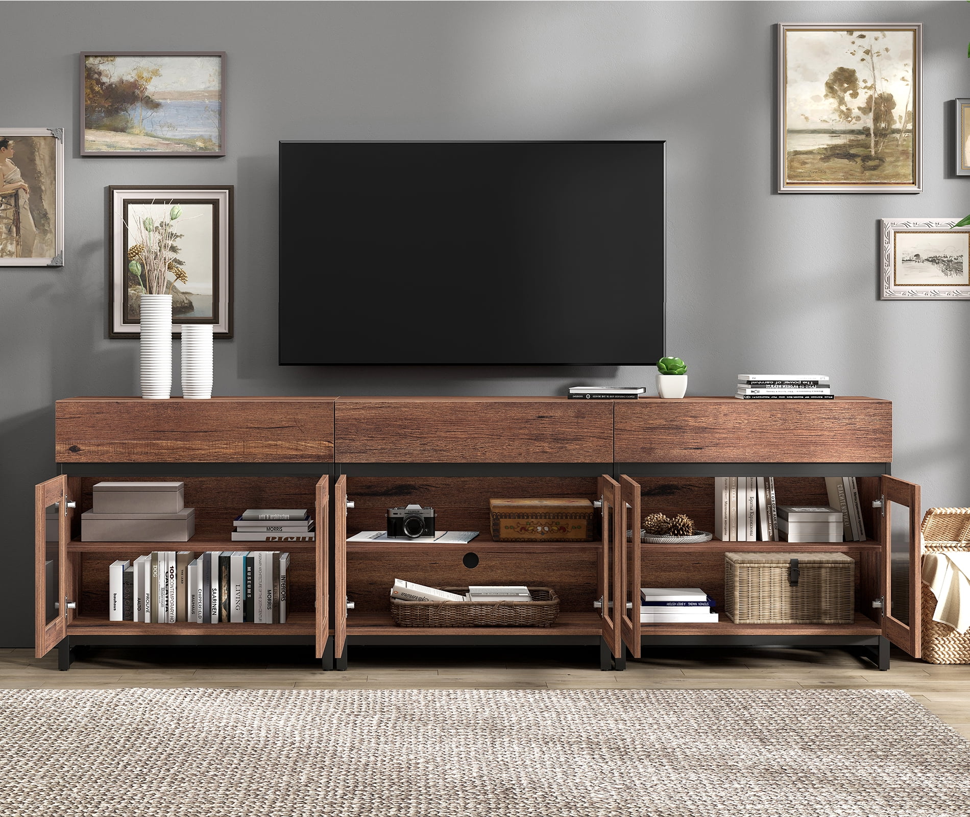 WAMPAT 3-in-1 Modern TV Stand with Glass Doors & 3 Drawers, Metal Base Entertainment Center for 110 Inch TVs, Media Console for Living Room & Bedroom