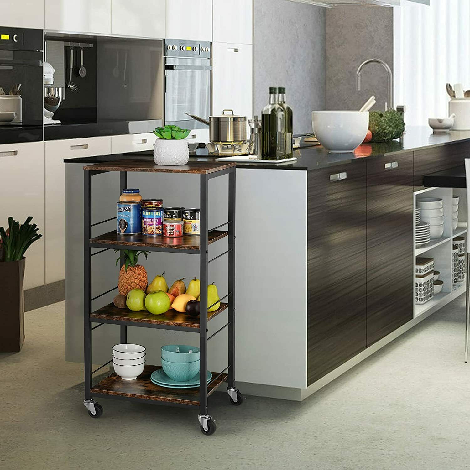 4 Tier Side Table Organizer Cart with 4 Wheels Brown