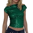thumbnail image 2 of ZHOGXU Women's T Shirt Round Neck Short Sleeved Solid Color Sequin Backless Comfortable Fashion Slim Fit Top For Casual Daily Wear,Green,L, 2 of 6