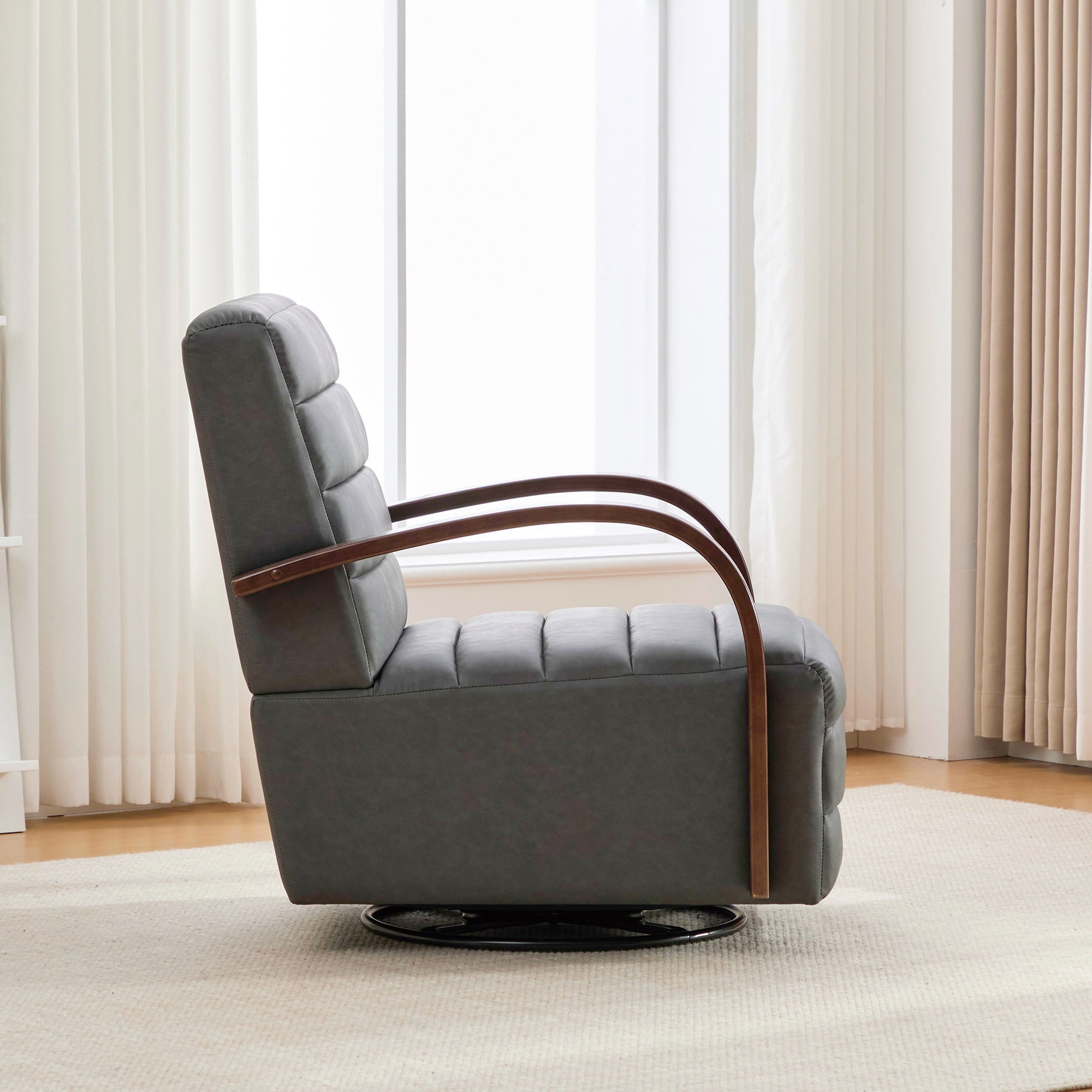 360° Swivel Accent Chair with Solid Wood Armrests,30.7"W PU Lounge Reading Chair Single Sofa Armchair for Bedroom Living Room Office,Gray