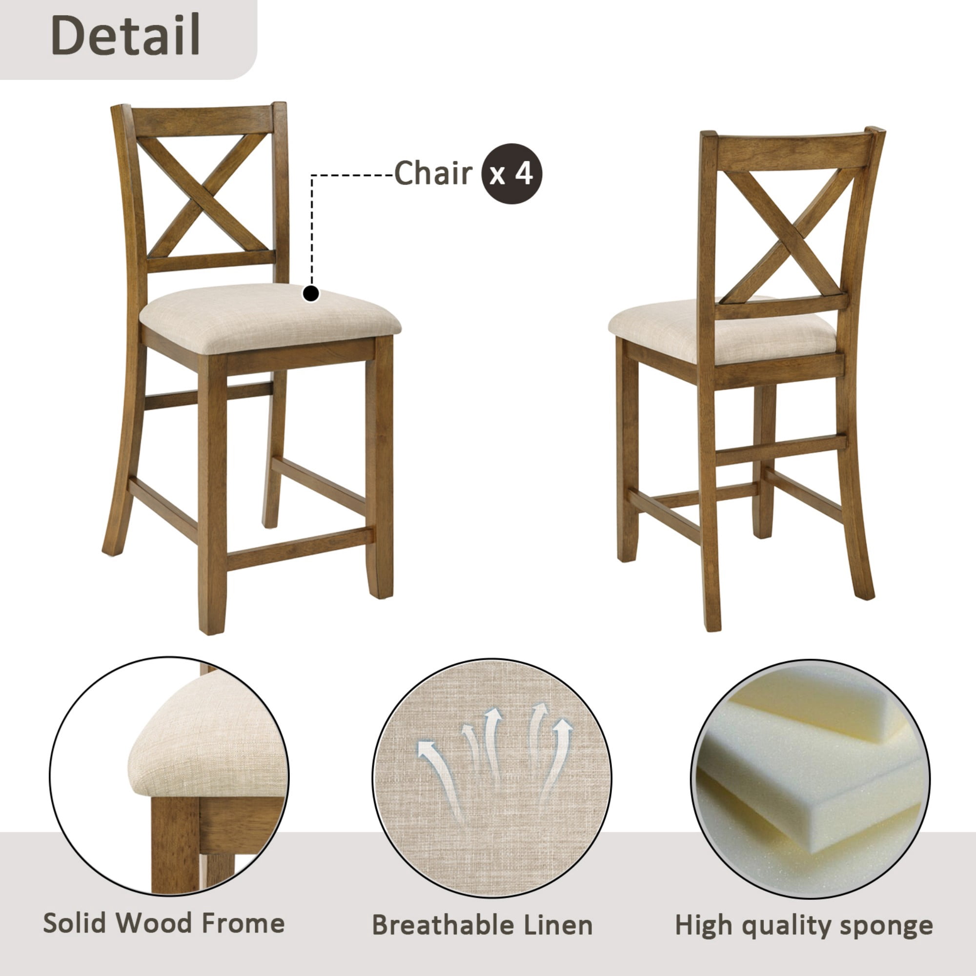 BSHTI 34.5" Acacia Wood 5-Piece Counter Height Dining Table Set with Fabric Upholstered X-Back Chairs for Kitchen Dining Room（Oak）