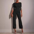 thumbnail image 2 of Women's Casual Solid Color 3/4 Sleeve Jumpsuit Pants Romper Overalls, Round Neck Relaxed Fit Soft Flowy, Lounge Wear Travel Essentials for Women | Aestivo,Black L, 2 of 8