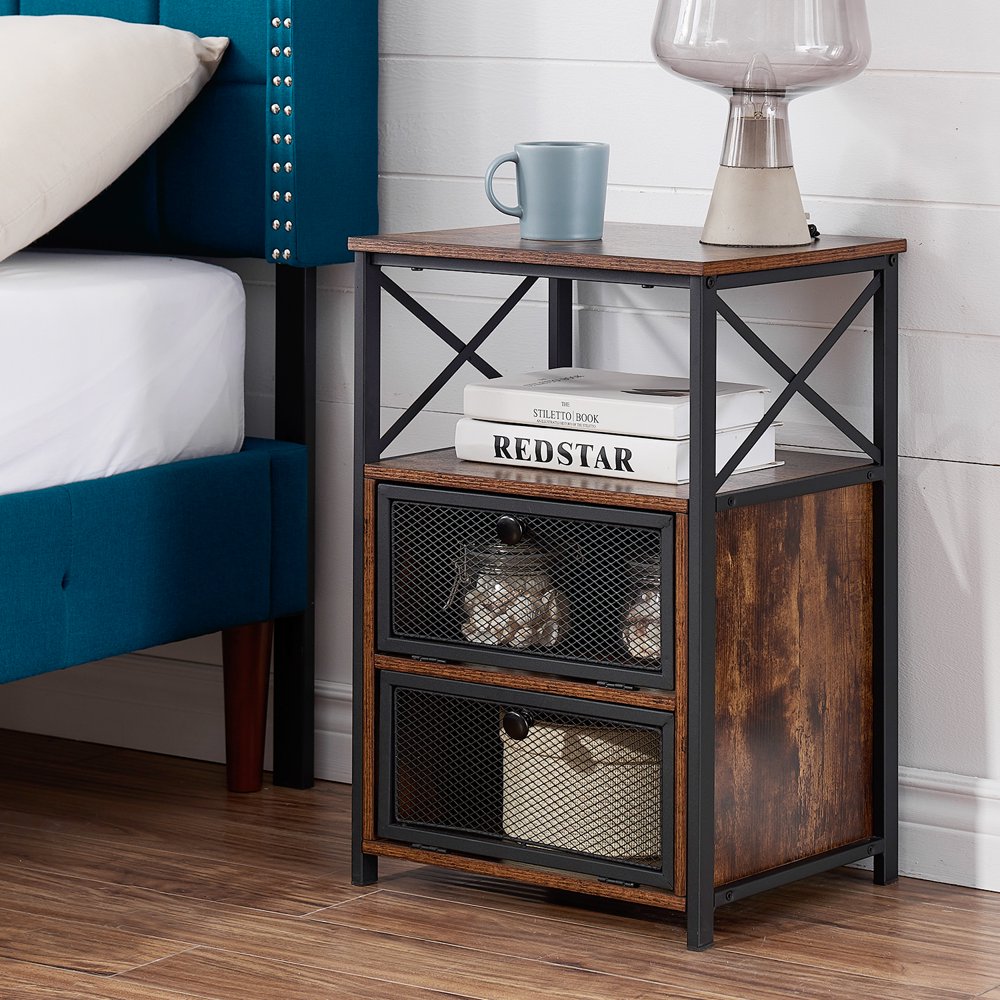 VECELO BedSide Table Nightstand with Screen Door and Shelves,Brown
