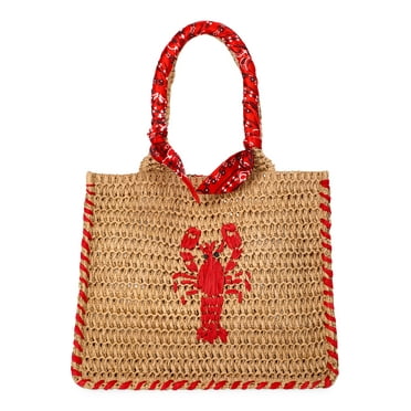 No Boundaries Women's Beach Icons Mini Straw Tote Bag, Natural with Lobster Embroidery