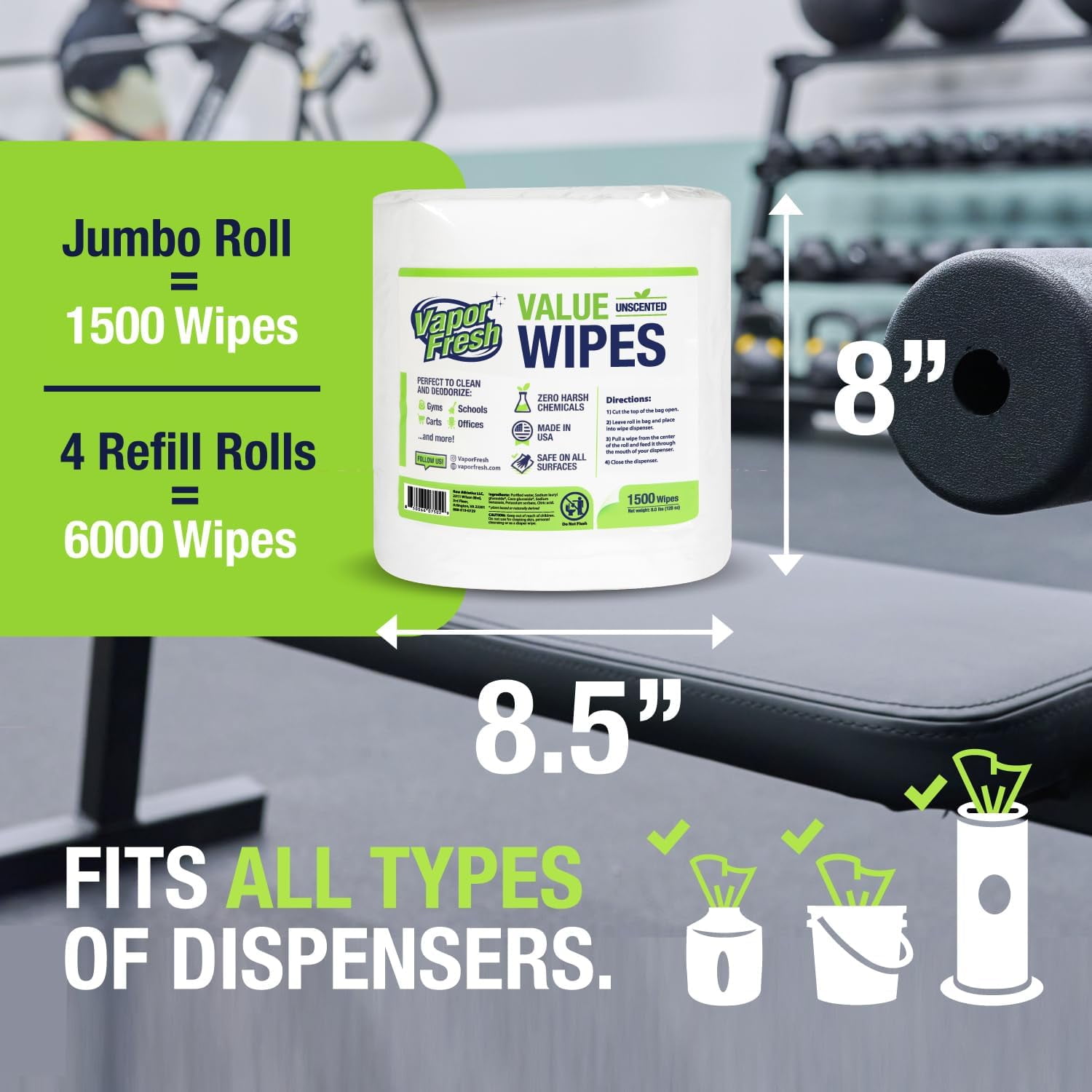 Vapor Fresh Value Wipes - 1,500 Count x 4 Rolls (6,000 Total Wipes) Plant Powered Commercial Grade Cleaner for Gym Equipment, Fitness Studios, Spas, Schools - Bulk Refill Rolls - Unscented