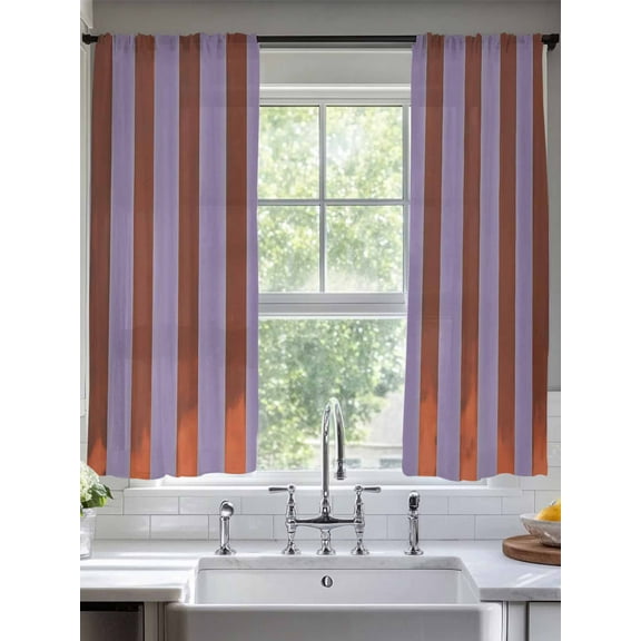Purple Burnt Orange Striped Sheer Curtains for Living Room Bedroom Minimalist Stripe Farmhouse Sheer Curtains 63 Inch Long 2 Panels Set Light Filtering Curtain Window Treatments Drapes