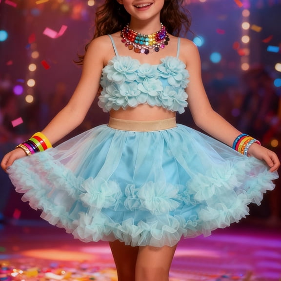 Huowey Girls Layered Tutu Skirt Princess Party Tiered Dancewear Lace Tirm Solid Color Mesh Ballet Tulle Skirts Dailiwear,Blue,3-8岁