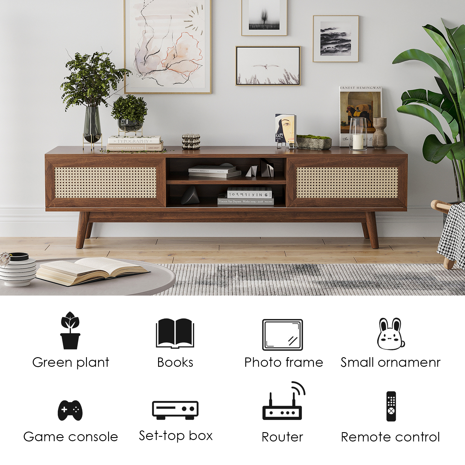 Hommoo Mid Century Modern Rattan TV Stand Up to 75", Wood TV Stand with Storage, Boho Media Console Entertainment Center for Home, Walnut