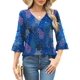 thumbnail image 1 of Camiseta Rapbin de algodón para mujer, manga 3/4, cuello en V, azul con estampado floral, 1 of 5