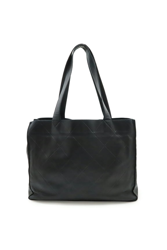 Pre-Owned CHANEL BOUTIQUE Boutique Tag Tote Bag Shoulder Plaid Lambskin Leather Black