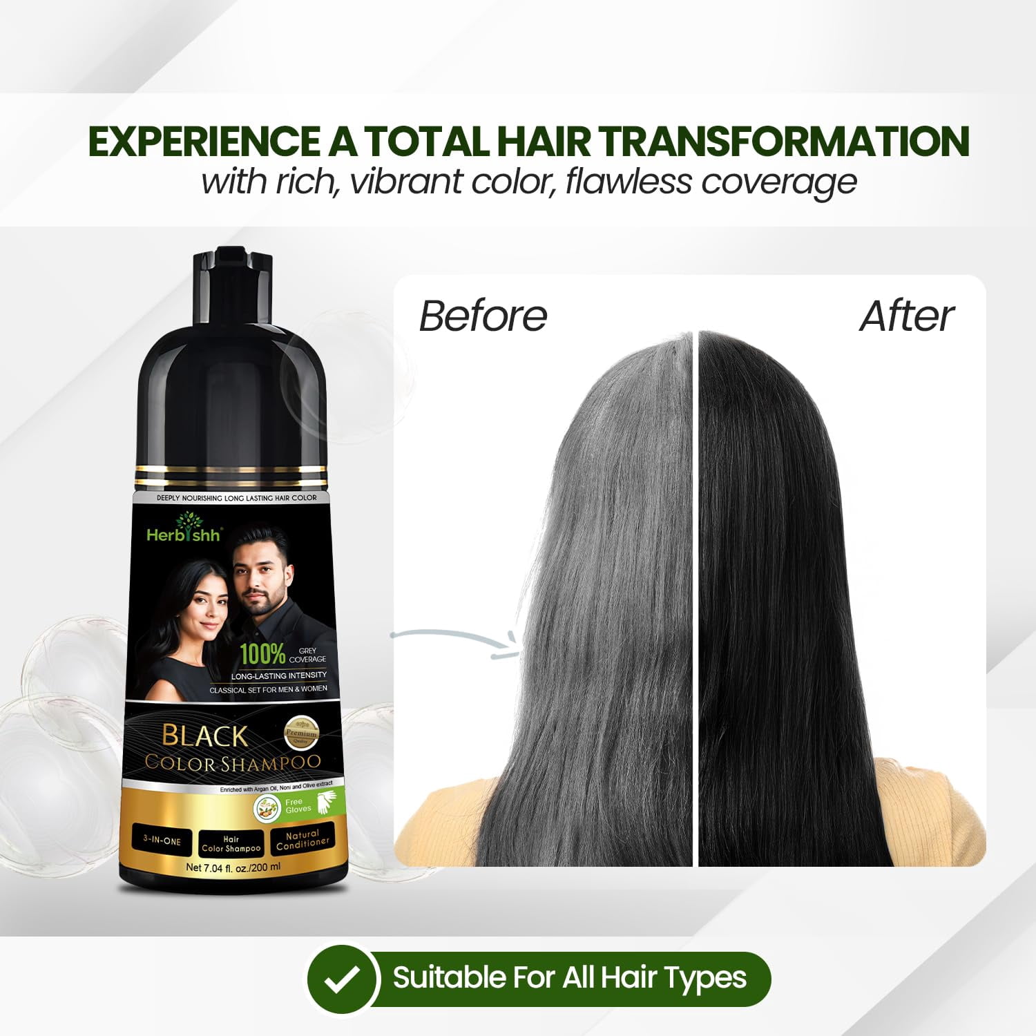 Herbishh Black Shampoo, Hair Dye Shampoo 3 in 1, 100% Grey Coverage, Demi-Permanent Hair Color for Men & Women, Long-lasting Color in 5-15 Mins, Ammonia-free, 200 ml