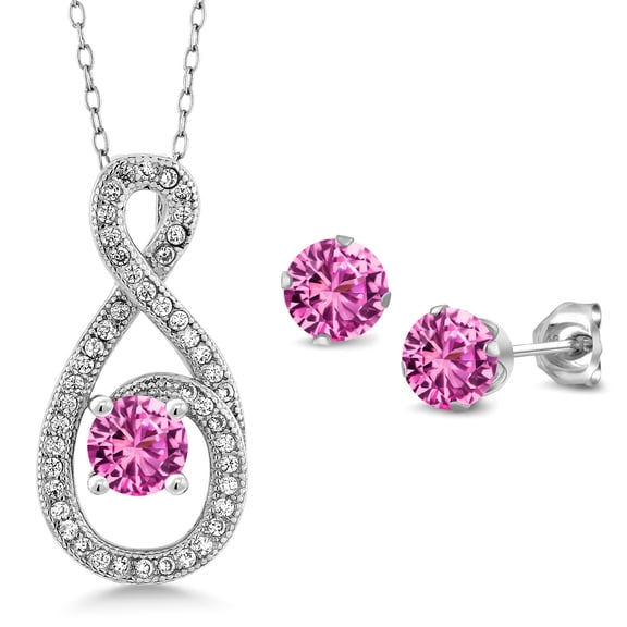 Gem Stone King 2.25 Ct Pink Created Sapphire 925 Sterling Silver Pendant and Earrings Jewelry Set