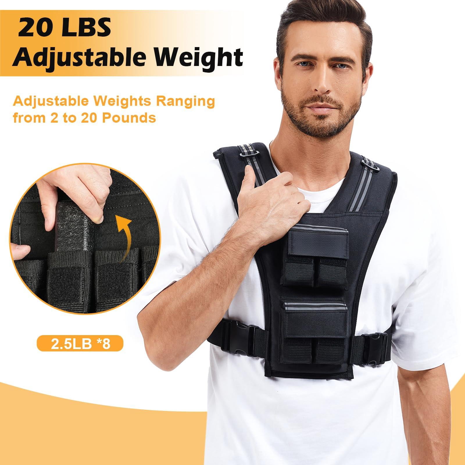 Black 20 LB Adjustable Weighted Vest for Strength Training, Walking, Running