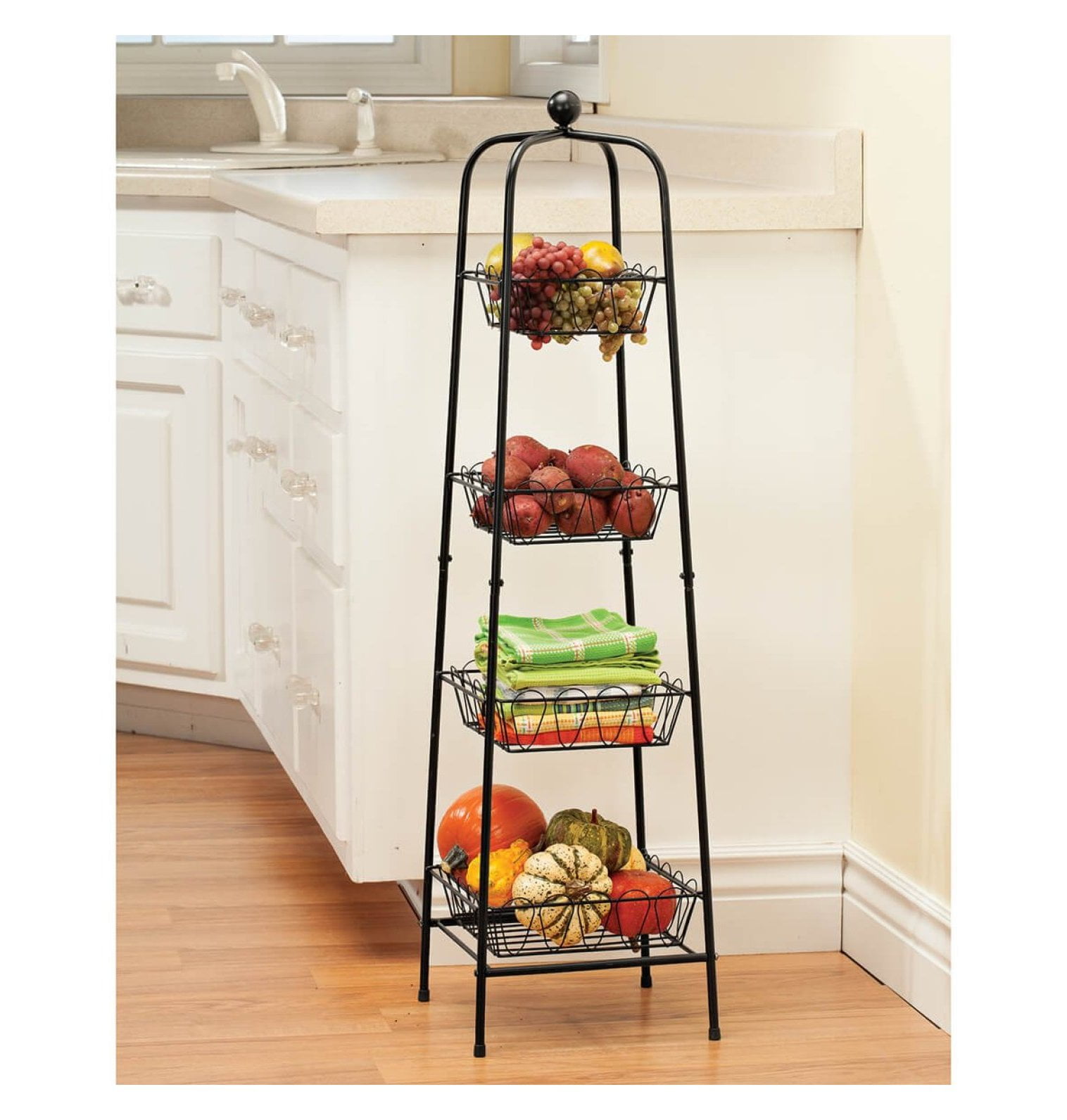 4-Tier Metal Basket Stand for Storage and Organization, One Size Fits All