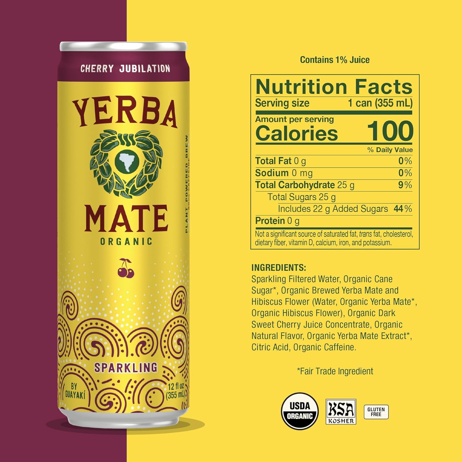 Guayakí Yerba Mate, Organic Sparkling Cherry Jubilation, 80mg Natural Plant Based Caffeine, Smooth Energy & Focus, Carbonated, 12 Oz (Pack of 12)