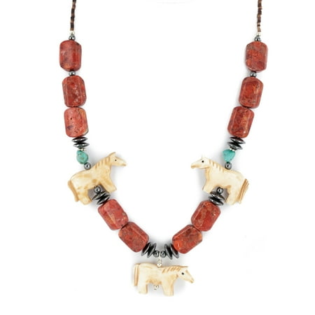 Natural Sponge Coral Necklace - CARVED FETISH $280 Retail Tag Authentic Horse Made by Charlene Little Navajo .925 Sterling Silver Natural Turquoise Sponge Coral Hematite Bone Native American Necklace