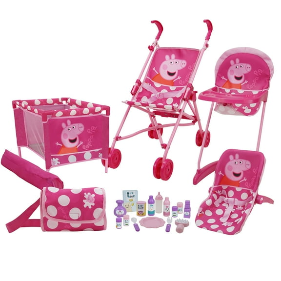 Peppa Pig: 21 Piece Doll Play Set - Pink & White Dots - Highchair, Stroller, Play Yard, Car Seat, Handbag & Doll Care Accessories, Kids Toy, Ages 3 