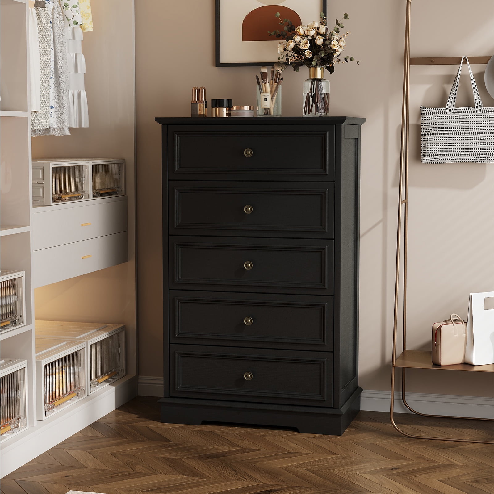 5 Drawer Dresser for Bedroom, Retro Wood Storage Cabinet with Antique Bronze Round Handles, Vintage Chest of Drawers with Solid Base for Living Room, Hallway, Entryway, Guest Room, Black