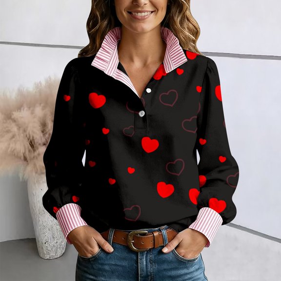 Valentines Day Outfit Women Long Sleeve Button Up Valentine Heart Lapel Collared Dressy Blouse