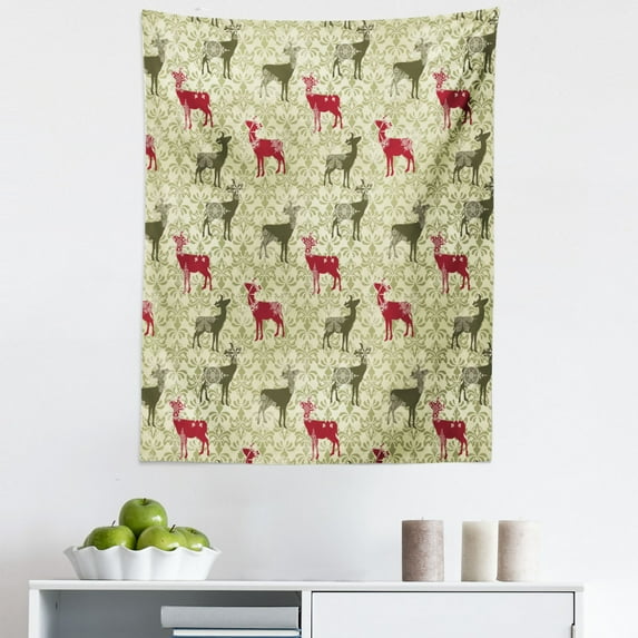Deer Tapestry, Damask Pattern and Ornate Christmas Themed Animal Silhouettes, Fabric Wall Hanging Decor for Bedroom Living Room Dorm, 5 Sizes, Olive Green Pale Green, by Ambesonne