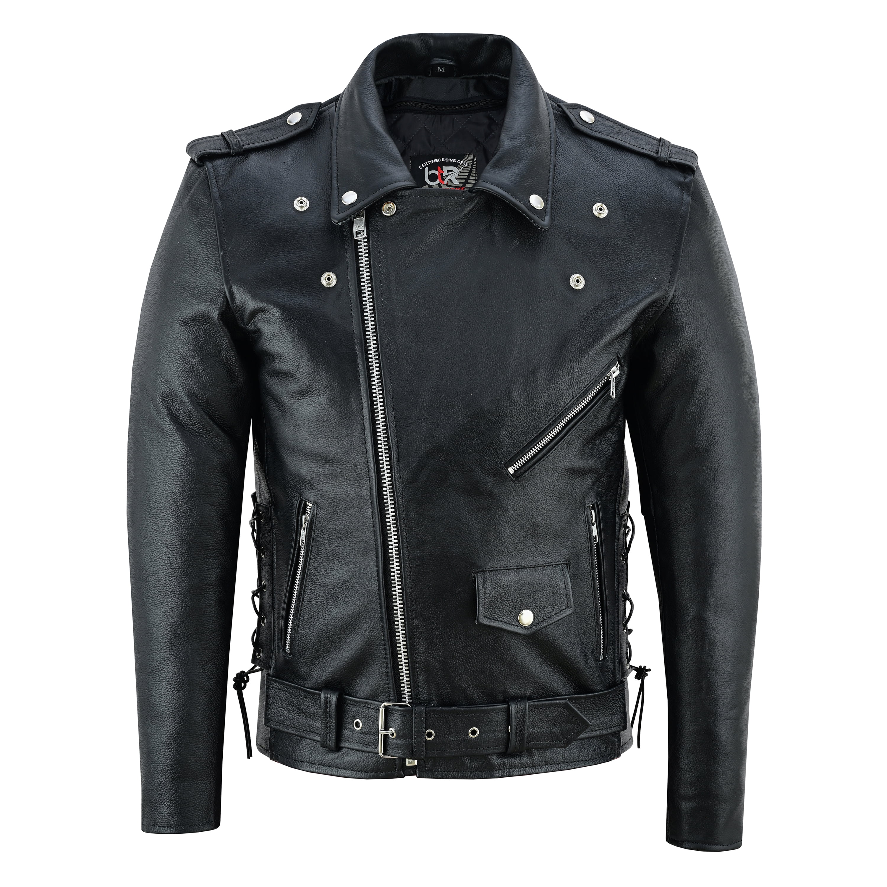 Men Motorcycle Brando Leather Jacket Distressed Zip Up Side Lacing