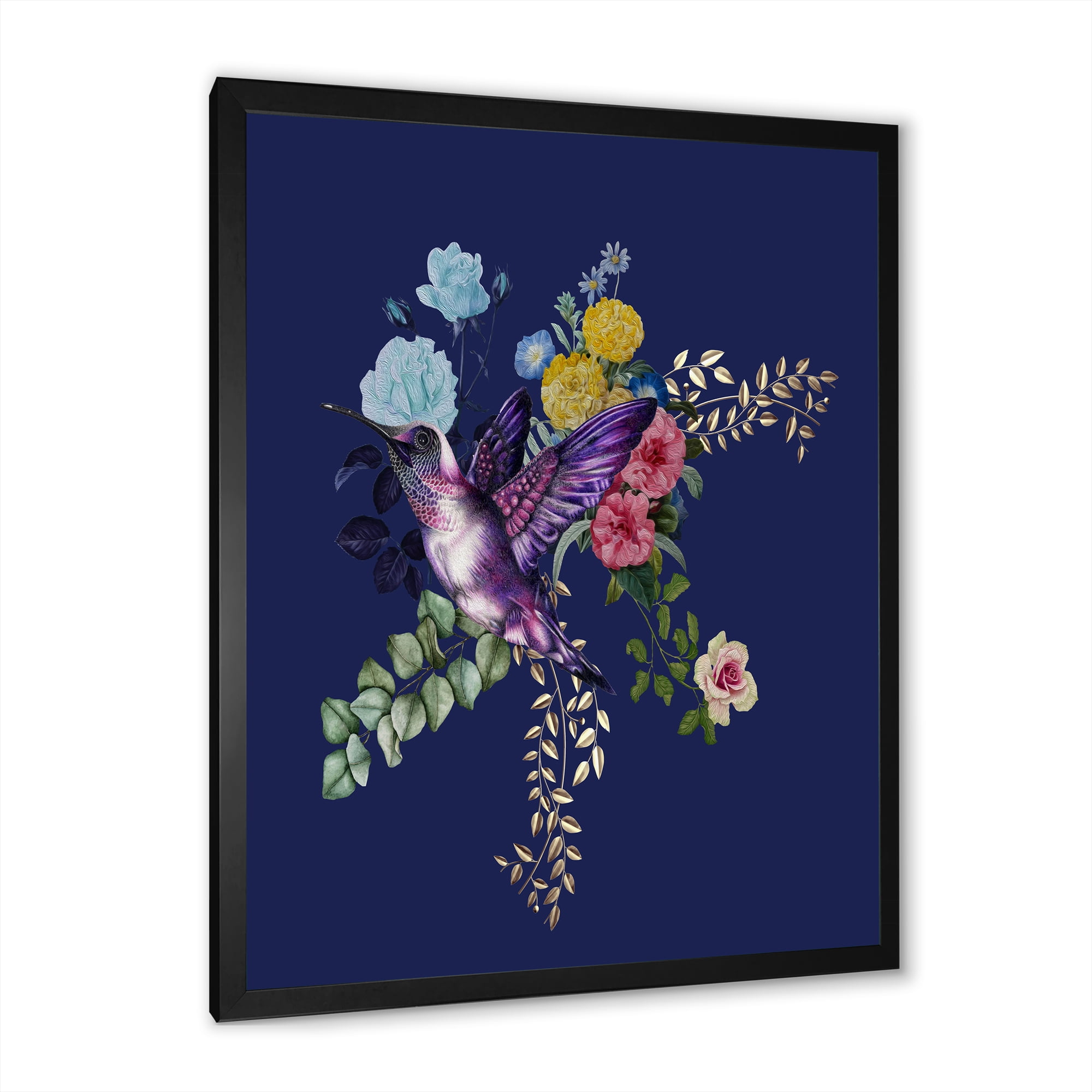 Designart 'Little Bird Sitting On Colourful Bouquet Of Wildflowers I' Traditional Framed Art Print