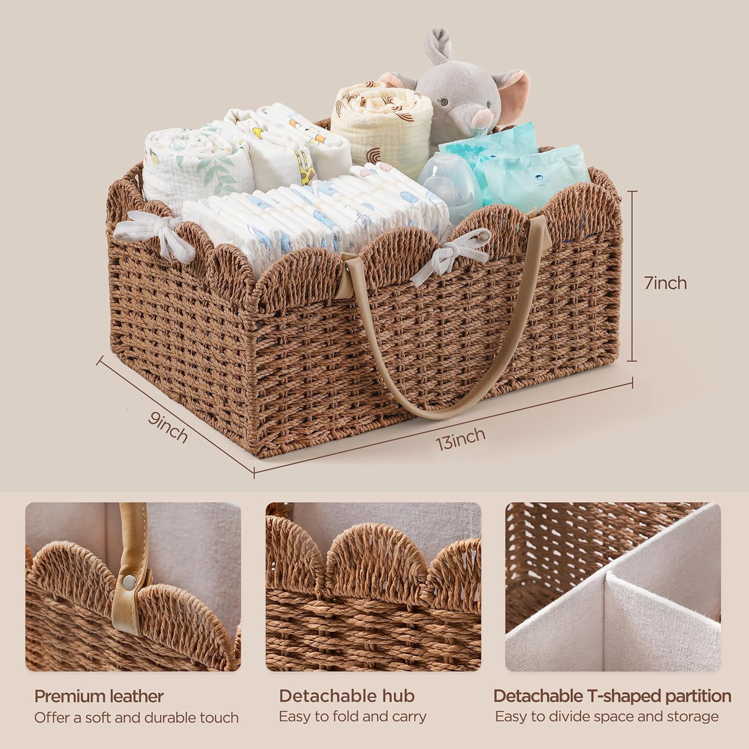 Baby Diaper Caddy, Paper Rope Storage Baskets Nursery Bin with Removable Divider, Portable Car Organizer for Diapers, Baby Shower Gifts, Newborn Essentials Must Haves