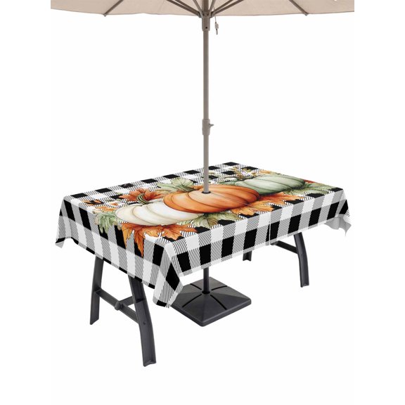 Outdoor Tablecloth with Umbrella Hole and Zipper, Orange Green Grey Fall Rectangle Table Cloth 54x80 Inch Waterproof Tablecloth, Botanical Thanksgiving Pumpkins Plaid Picnic Table Cover for Patio