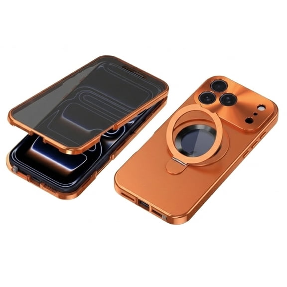 Allytechgroup Metal Case for iPhone 17 Pro with Anti-Spy Screen Protector, Rotating Kickstand Full Body Protective Metal Cover Compatible with Magsafe Anti-Scratch Magnetic Case 6.3", Orange