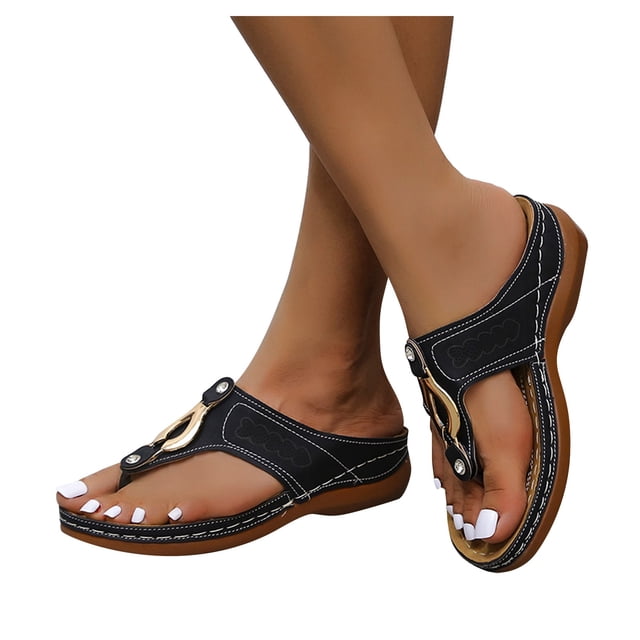 CAICJ98 Chaussures de Marche pour Femmes Sandales Plates à Rivets Strass Perles Sandales à Enfiler en Mousse à Mémoire de Forme Sandales Ouvertes, Noir