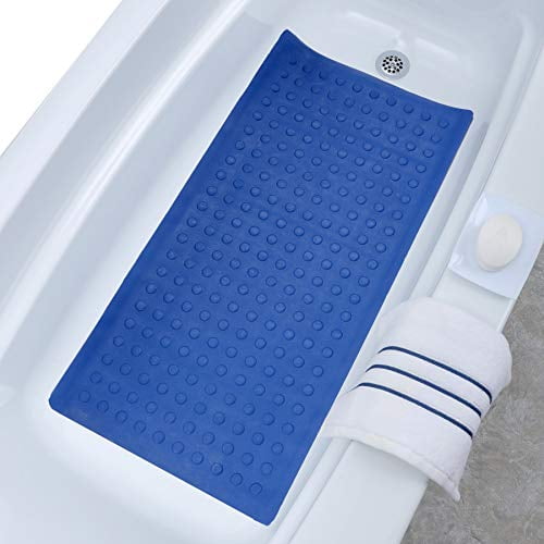 SlipX Solutions Blue Extra Long Rubber Safety Bath Mat (18 x 36 Inch, 220 Suction Cups, Great