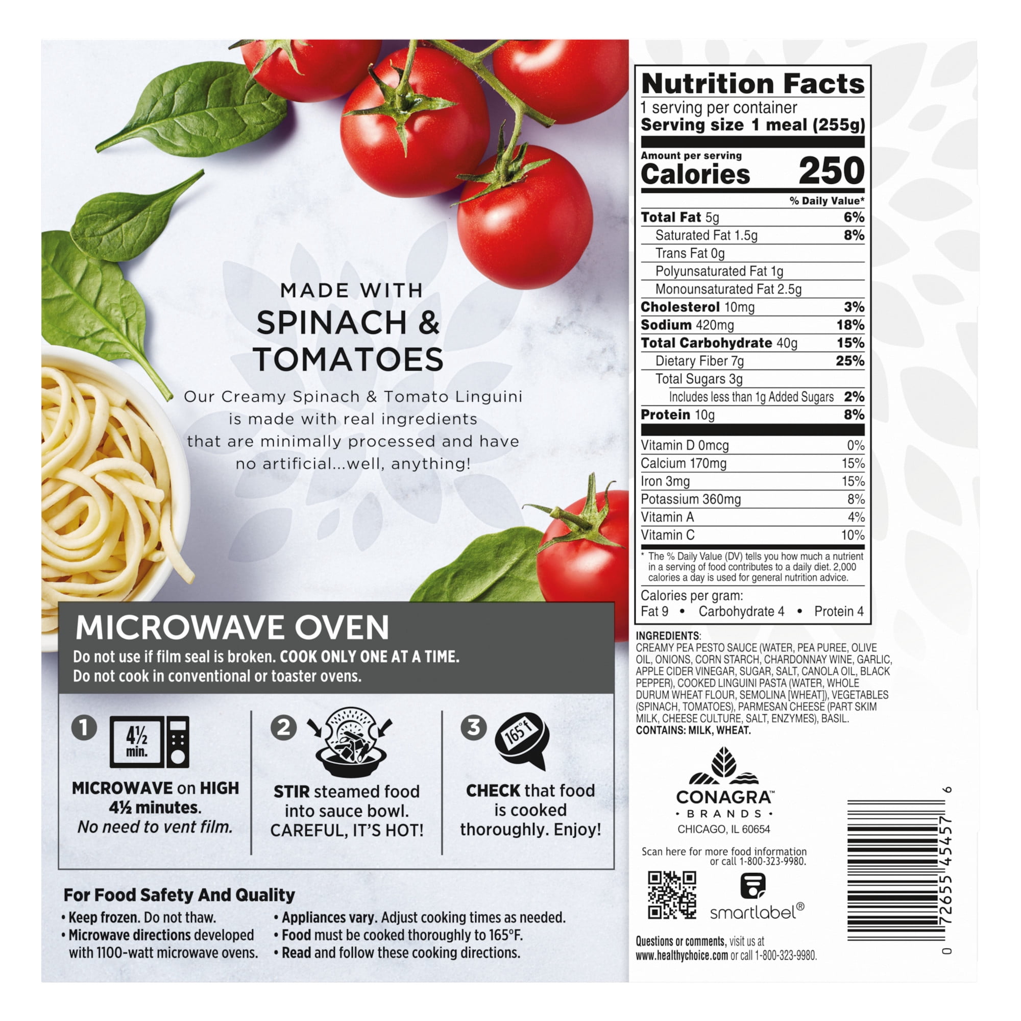Healthy Choice Simply Steamers Creamy Spinach & Tomato Linguini, 10g Protein, High Protein & Fiber Frozen Meal, 9 oz. Bowl