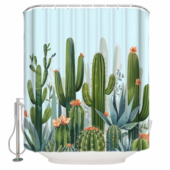 Green Cactus Bathroom Shower Curtains with 12 Hooks Polyester Waterproof Shower Curtain for Stalls and Bathtubs Watercolor Summer Botanical Blue Decorative Bathroom Privacy Curtain 36x78 Inches