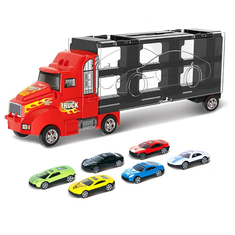 Achetez Transport Car Carrier Truck Toy Container Truck Avec 6 Mini Voitures  de Course en Métal Élégantes et Deux Pistes de Diapositives - Rouge de  Chine