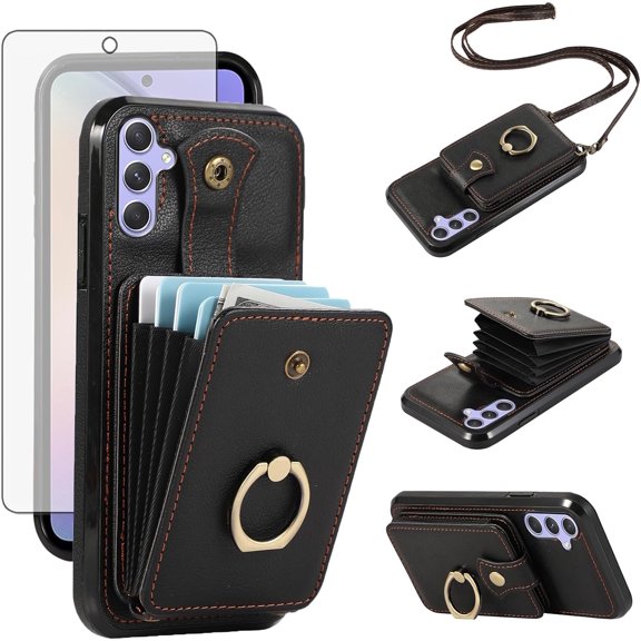 MYKOMI Phone Case for Samsung Galaxy S23 FE 5G Wallet Cell Cover with HD Screen Protector and Crossbody Strap Ring Stand RFID Credit Card Holder S 23 EF S23FE 23S Women Girls