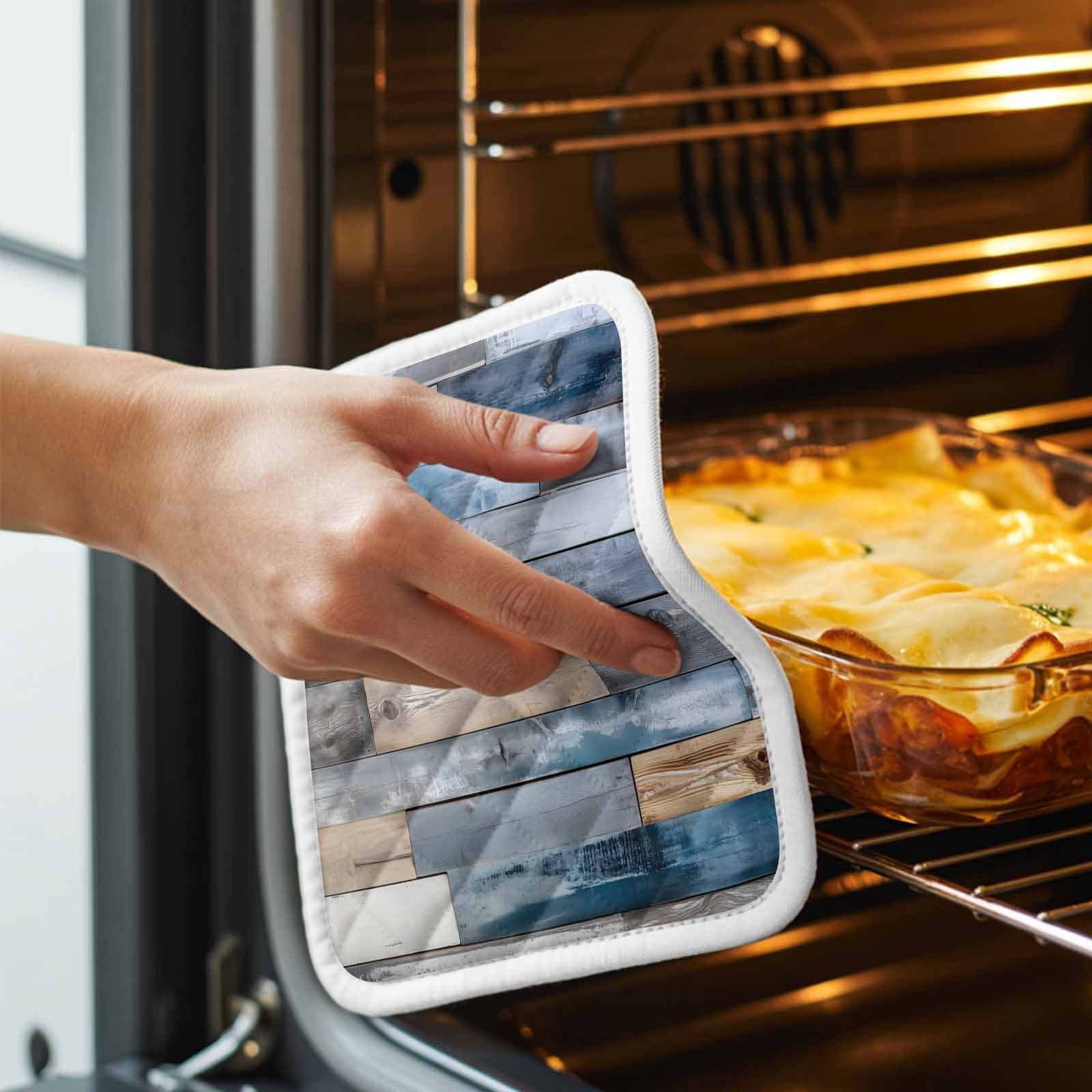Blue Wooden Grain Pot Holders for Kitchen Heatproof Potholder, 4 Pack Farmhouse Country Abstract Art Hot Pads Multipurpose Oven Pads Cloth Potholders Trivet for Cooking and Baking