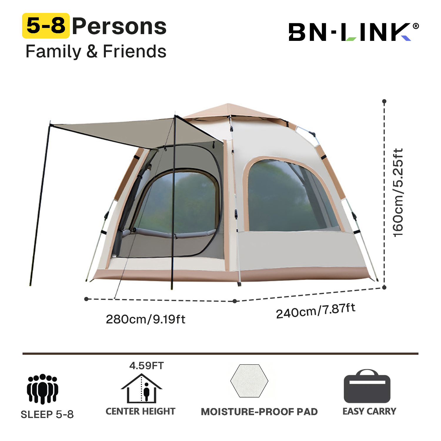 Carpa para acampar BN-LINK para 5-8 personas, impermeable y a prueba de viento, pop-up con 2 puertas, 4 ventanas grandes de malla, instalación automática instantánea para campamento, senderismo y viajes, beige 4