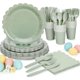 thumbnail image 1 of Platos y servilletas de papel verde salvia, suministros de fiesta incluyen servilletas festoneadas, tazas, tenedores, cuchillos, cubiertos de plástico desechables para bodas, 1 of 4