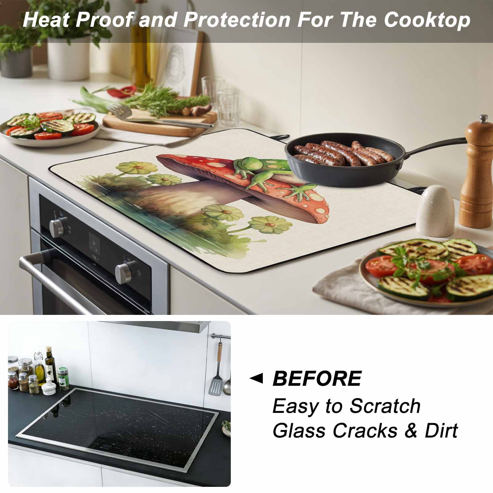 Mushroom Frogs Stove Top Cover for Electric Stove, Heat-proof & Non Slip Glass Top Stove Cover Protector, Spring Floral Green Botanical Rustic Kitchen Flat Cooktop Rubber Mat 24x21 Inches
