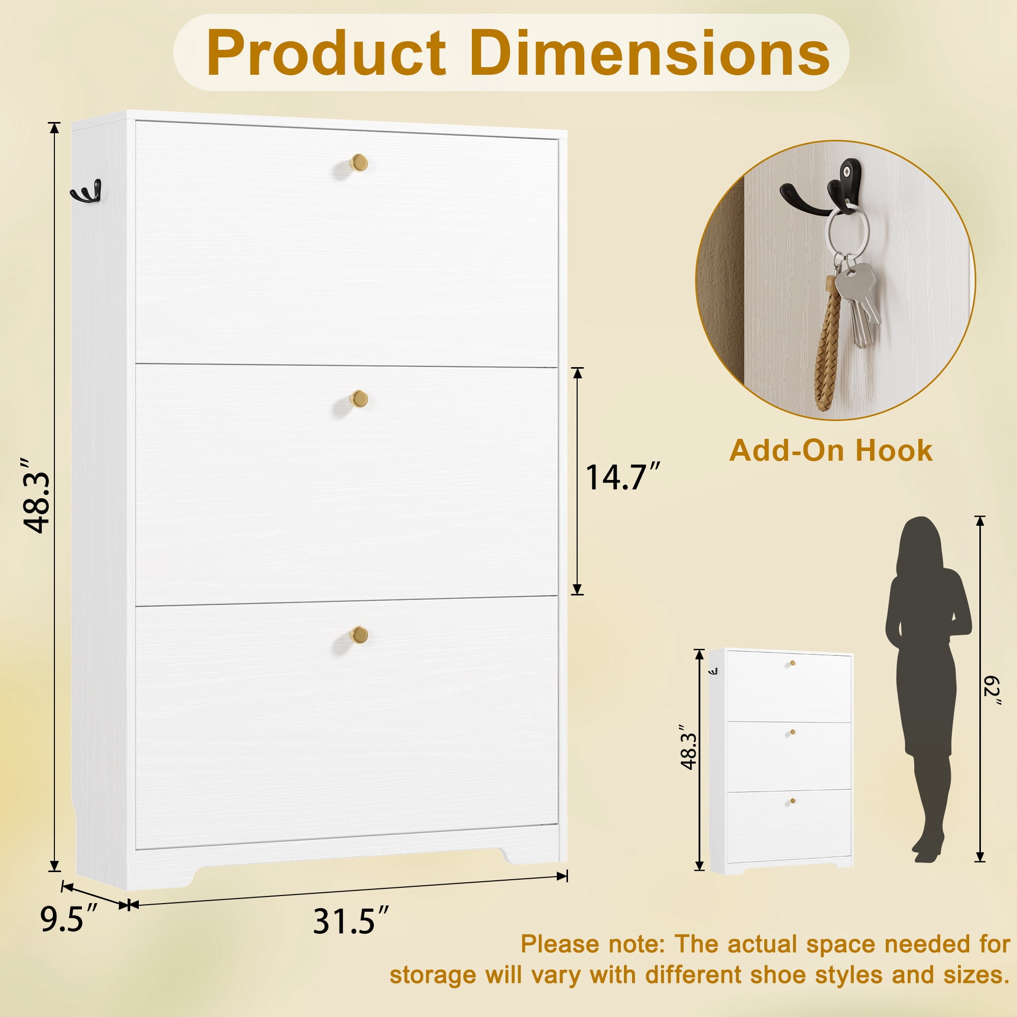 Skyhill Shoe Cabinet with 3 Flip Drawers,Modern Shoe Organizer for Entryway,White