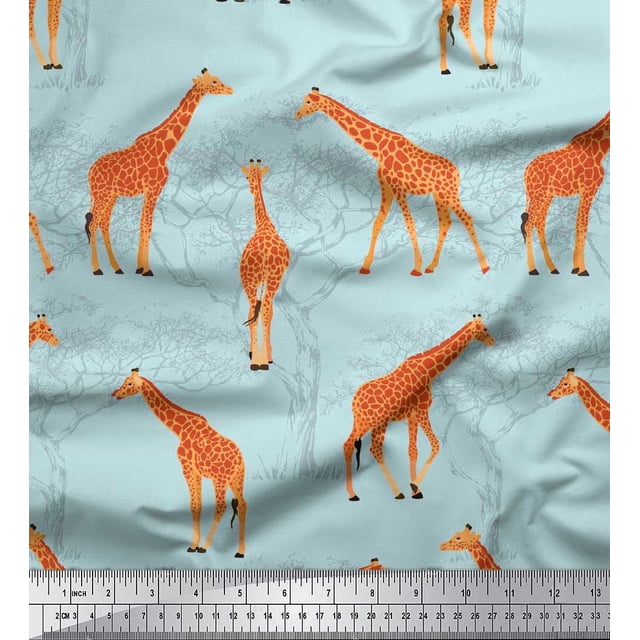 Soimoi Green Rayon Fabric Giraffe Forest Print Fabric by The Yard 42 Inch Wide