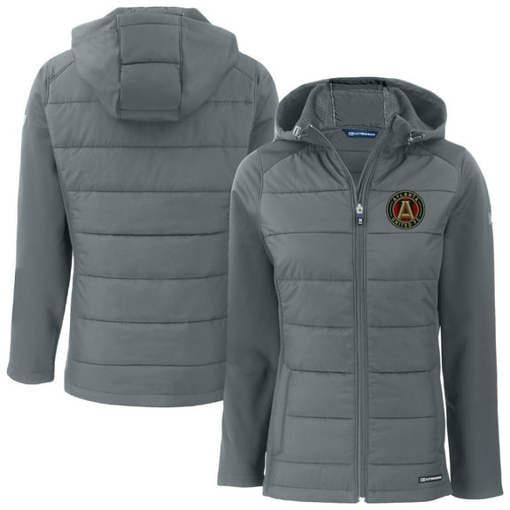 Women's-Cutter & Buck  Gray Atlanta United FC Evoke Hybrid Eco Softshell Recycled Full Zip Hooded Jacket