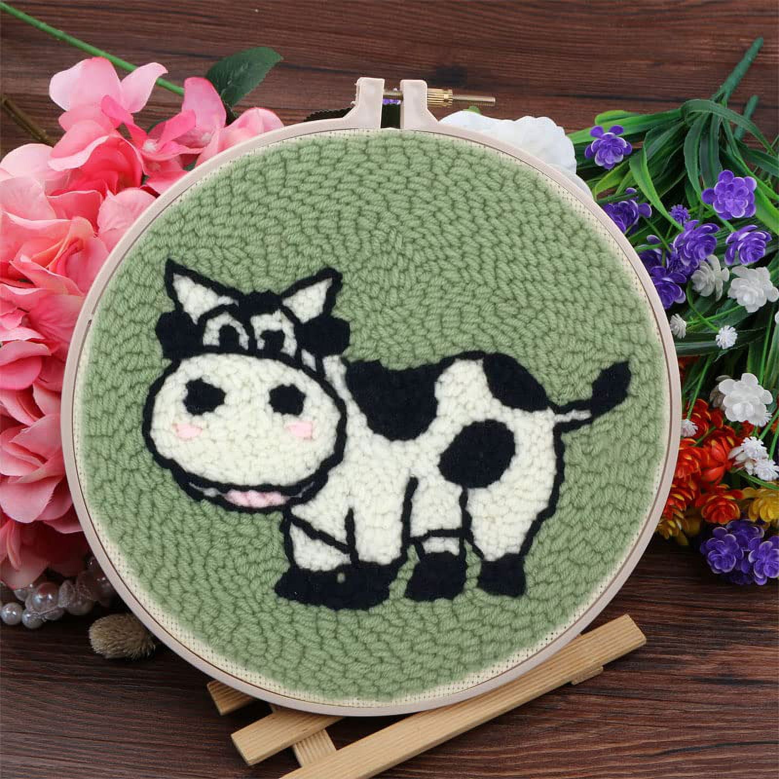 2 Pack Easy DIY Punch Needle Kits Embroidery Kits Set for Starter Kits with Stamped Color Pattern with Instruction,Yarn and Embroidery Wooden Handle Needle Pen (Dairy Cow & Panda)