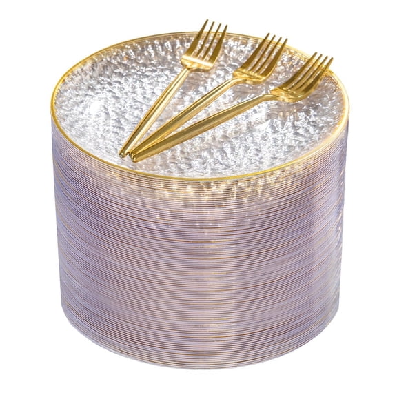 WELLIFE FESTIVE 240 Pcs Clear Plastic Plates, Heavy duty Hammered Disposable Plate, Include: 120Pcs Dessert Plates & Gold Forks