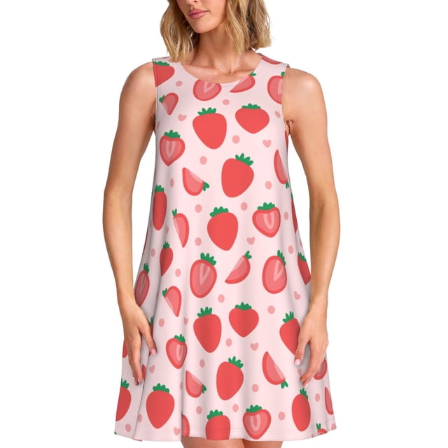 Vsdgher Robes d'Été Imprimé Fraise pour Femmes Robe de Plage Décontractée Col en U Sans Manches Robe d'Été Ample avec Poche